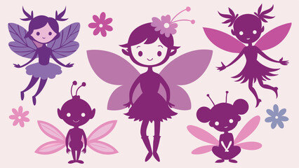 Obraz premium Cute Cartoon Fairy Collection in Shades of Purple and Pink with Flowers