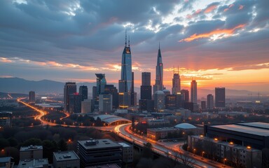 Beam steel concept. City skyline at sunset with dramatic clouds and vibrant colors.
