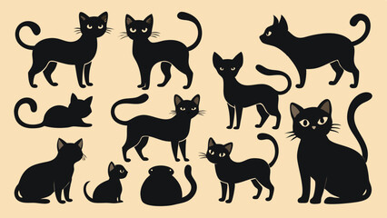 Collection of Silhouetted Black Cats in Various Poses on a Beige Background