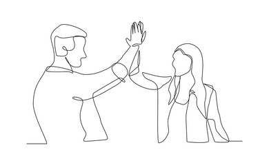 Continuous line drawing of two people clapping high five gesture. Business teamwork success sketch art editable stroke vector illustration