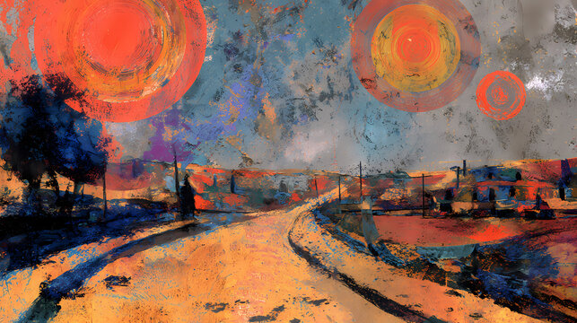 magazine spread on artistic madness | soulscape vision | lonely peace | vermilion and indigo | central vortex | bent roads | radiating halos | bold impasto | urban melancholy | expressionist