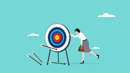 failed to achieve business targets and goals, sad businesswoman with an arrow that failed to reach the target vector illustration