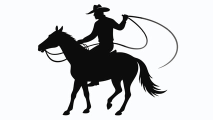 Naklejka premium Silhouette of a Cowboy Riding a Horse with a Lasso in Hand