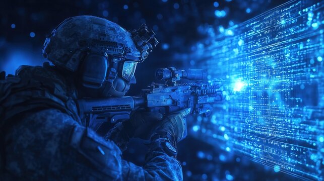 Futuristic Digital Soldier Focus Aim with Gun Against Data Stream Scene