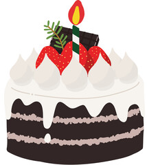 촛불을 켠 딸기 장식 생크림 초코스펀지 케이크