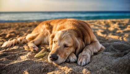 Golden Retriever Peacefully Napping on a Secluded Beach at Sunset, Capturing Serene Tranquility and Relaxing Coastal Vibes.