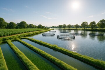 Fototapeta premium Innovative algae farm with circular cultivation systems surrounded by lush greenery under clear skies
