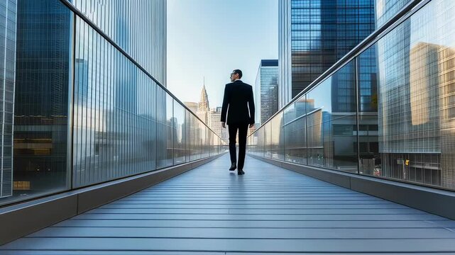 Businessman walks away from camera on a skybridge between modern buildings