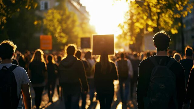 People marching on a street during a protest at sunset