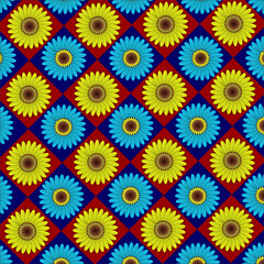 A vibrant geometric floral pattern featuring alternating blue and yellow blossoms on diamond-shaped red and navy backgrounds, radiating warmth and symmetry.