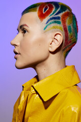Creative woman with colorful artistic hair design and shaved sides, dressed in vibrant yellow...