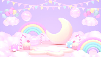 3D render cartoon empty star-shaped podium and moon in rainbow candy land.