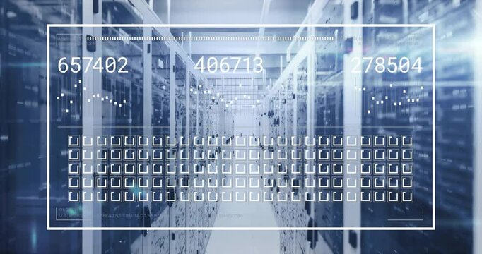 Data overlay appearing over server racks, numbers updating and graphs animating to show refresh