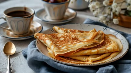 Thin folded crepes on a plate beside a coffee cup, elegant saucer, spoon, and soft blue napkin