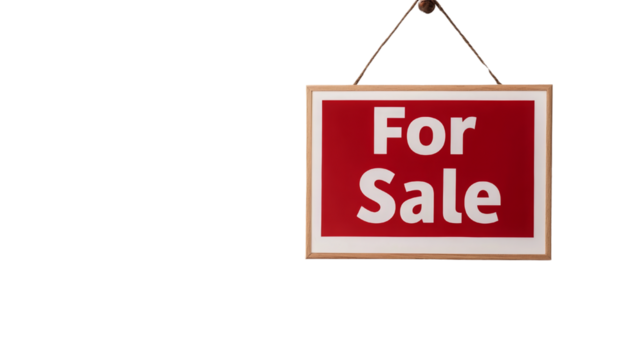 Red 'For Sale' sign hanging on a white background, concept of objects on a transparent background  