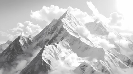 Light black and white mountain sketch of the Himalayas, sharp snow peaks, clouds curling around summits, minimal linework and open space.