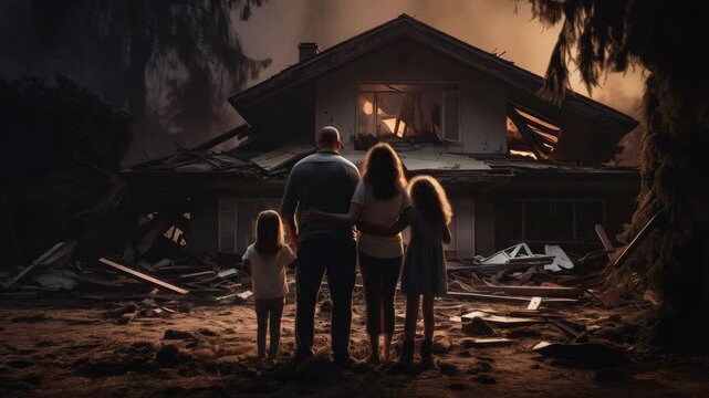family in front of a home destroyed by a storm 