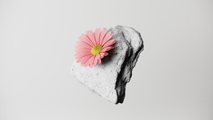 3D composition of floating rocks with pink flowers. Minimalist 3d render illustration perfect for modern web design and conceptual branding. Elegant contrast of nature and texture.