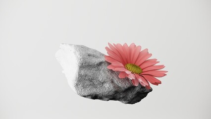 3D composition of floating rocks with pink flowers. Minimalist 3d render illustration perfect for modern web design and conceptual branding. Elegant contrast of nature and texture.