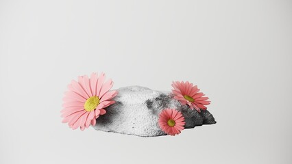 3D composition of floating rocks with pink flowers. Minimalist 3d render illustration perfect for modern web design and conceptual branding. Elegant contrast of nature and texture.