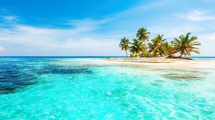 Fototapeta premium Tropical Island Elysium with Pristine Turquoise Seas, powdery White Shore and Lush Palm Fronds Dancing
