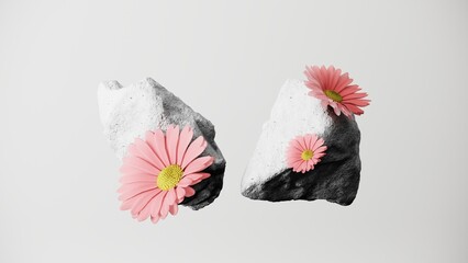 3D composition of floating rocks with pink flowers. Minimalist 3d render illustration perfect for modern web design and conceptual branding. Elegant contrast of nature and texture.