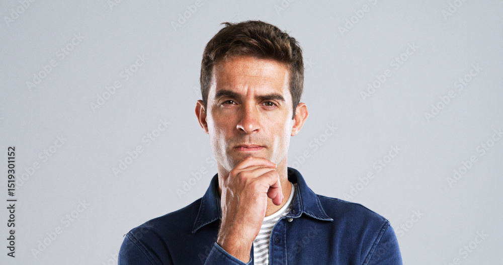 Aufkleber Portrait, man and thinking of solution in studio for problem solving, decision doubt and fake news. Mockup space, person and contemplating with question, confused and uncertainty on gray background