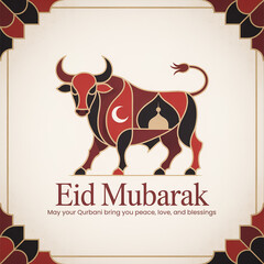 Eid Mubarak Bull:  A stylized bull illustration, symbolic of Eid al-Adha, features geometric patterns in red and black, with crescent moon and mosque details. "Eid Mubarak" greeting is included. 