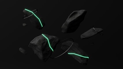 3d render abstract composition of glowing stones. Dark monochrome scene with bright energy lines, suitable for high-tech designs, backgrounds, or immersive branding visuals.