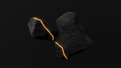 3d render abstract composition of glowing stones. Dark monochrome scene with bright energy lines, suitable for high-tech designs, backgrounds, or immersive branding visuals.