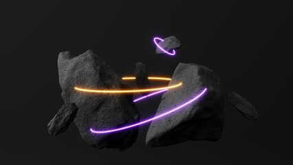 3d render abstract composition of glowing stones. Dark monochrome scene with bright energy lines, suitable for high-tech designs, backgrounds, or immersive branding visuals.