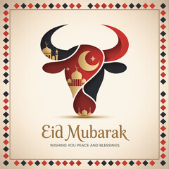 Eid Mubarak Celebration: A stunning illustration of a bull, intertwined with symbols of faith like a mosque and moon, and the warm greeting "Eid Mubarak," embodying peace and blessings.