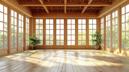 Obraz premium Bright room with wooden floor, beams, windows