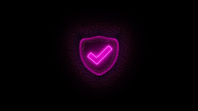 Glowing Neon Glitch security shield with check mark icon. neon check mark icon on black background.