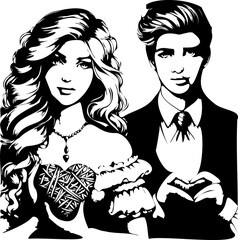 SVG boy and girl with heart, black and white vector file for printing, cutting