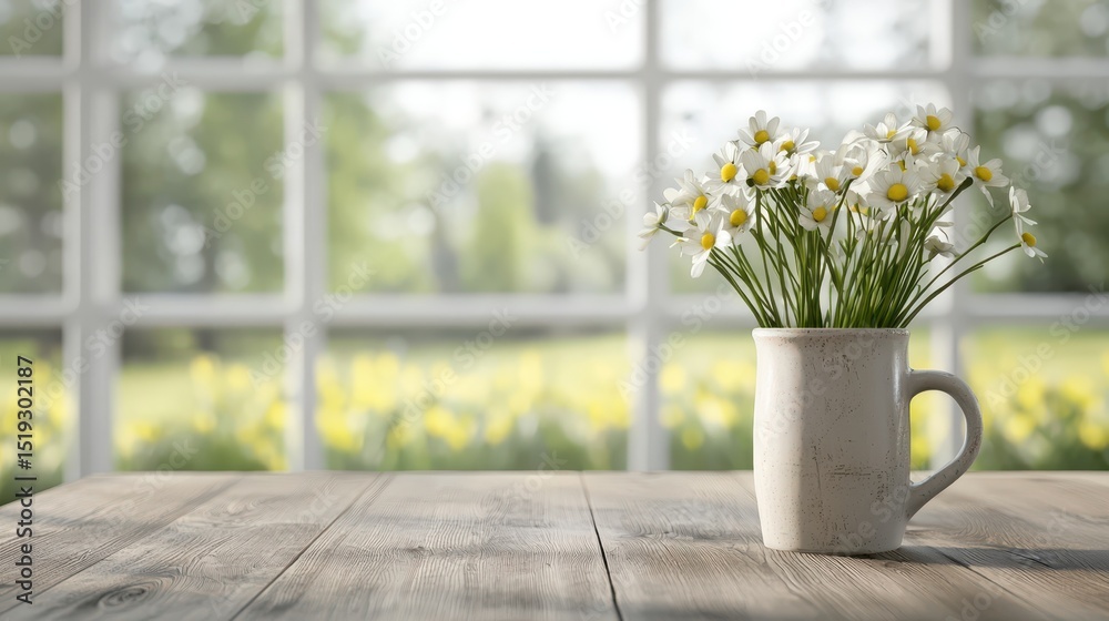 Poster warm inviting interior concept. a vase of daisies on a wooden table with a sunlit window view in the