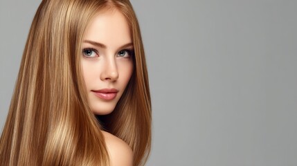 Fototapeta premium A young woman turns slightly to the side, showcasing her long, smooth blonde hair and radiant skin. The neutral background emphasizes her natural beauty and poise
