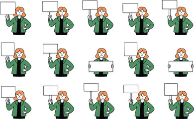 A pattern of cheerful women holding blank signs representing communication and advertisement in vector illustration