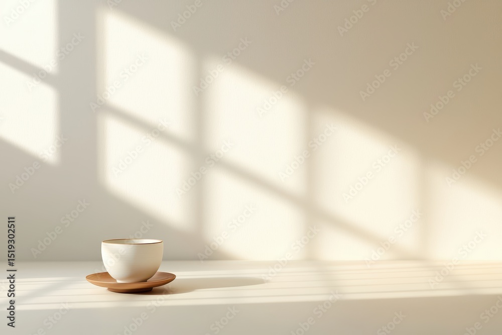 Poster warm inviting interior concept. a minimalistic scene featuring a cup and saucer with soft shadows on