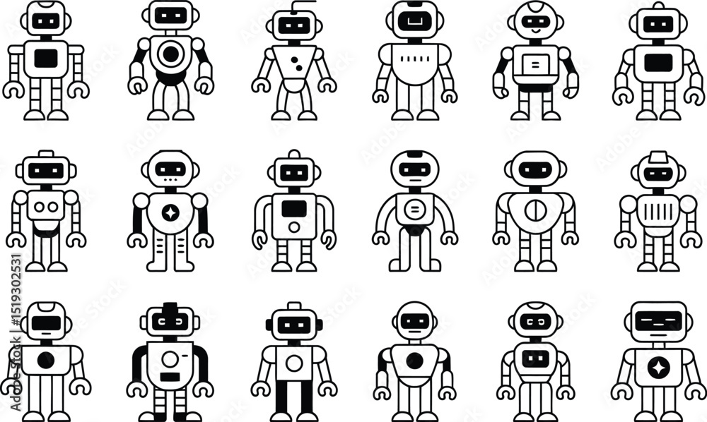 Poster collection of vector illustrations featuring simple and minimalist robots in various designs suitabl