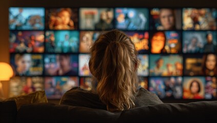 Fototapeta premium Woman watching grid of screens at home