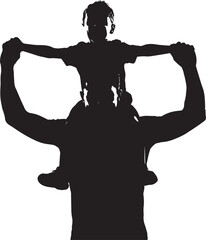 Father and child silhouette, child sitting on father's shoulders holding hands, bonding and playful moment.