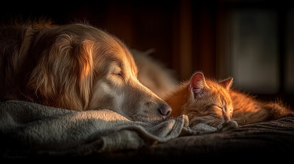 Golden retriever and kitten sharing a quiet moment on a cozy blanket, a heartwarming bond between unlikely friends.