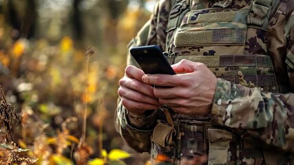 Soldier in camouflage uses smartphone for communication in nature, military technology.