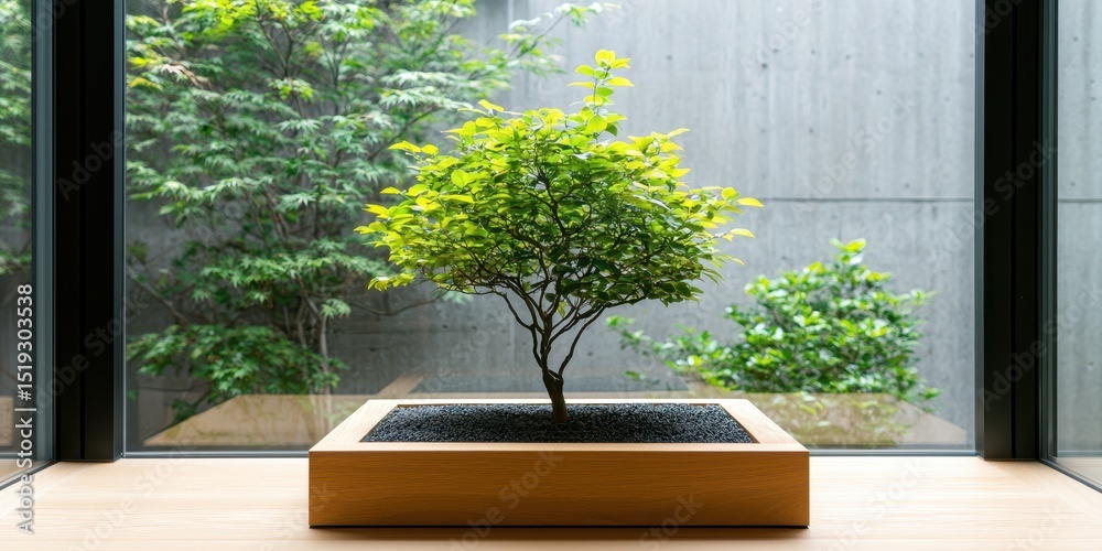 Poster warm inviting interior concept. a bonsai tree in a minimalist indoor setting with greenery visible o