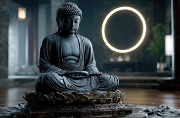 Fototapeta premium A Buddha statue with lotus flowers on its lap, illuminated by light behind it in the dark room