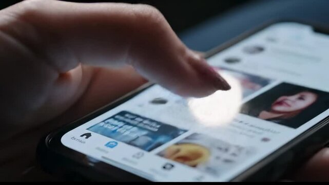 A finger scrolls on a smartphone The screen displays a social media feed - Powered by Adobe