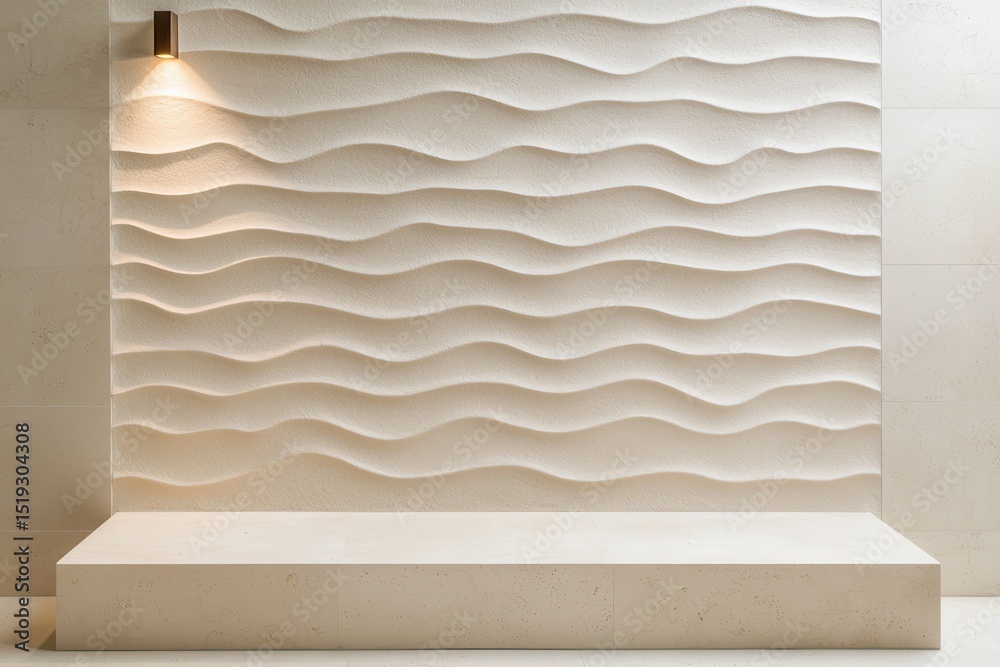 Poster warm inviting interior concept. textured wall design with wave patterns and ambient lighting.