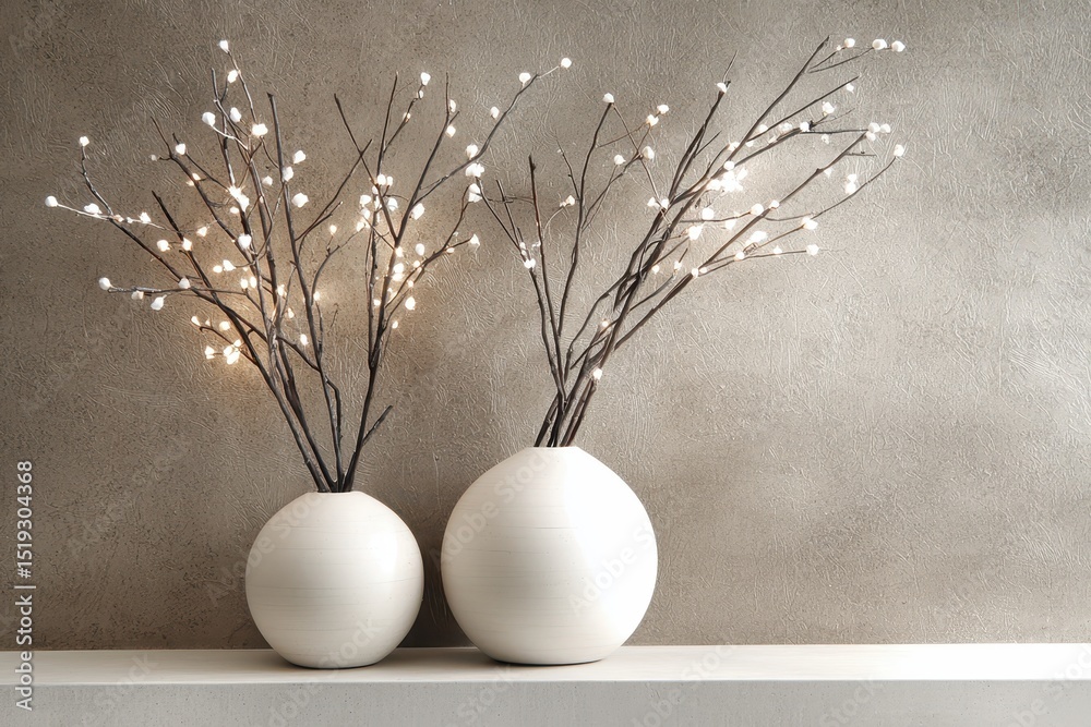 Poster Warm inviting interior concept. Two modern vases with branches on a simple shelf against a textured wall.