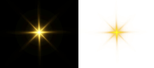 PNG abstract starburst with yellow flare, bokeh particles, sparkle light and glitter explosion on festive night sky background for holiday card and magic effect PNG.